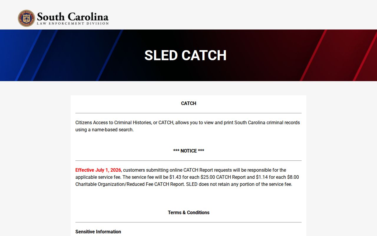 Blank SLED CATCH search terms frame explaining limits for Chesterfield County warrant checks