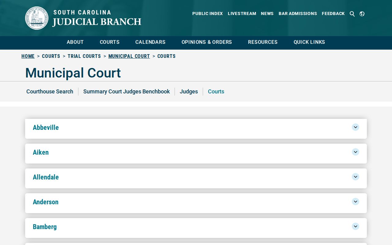 South Carolina directory of five municipal courts serving Chesterfield County cities