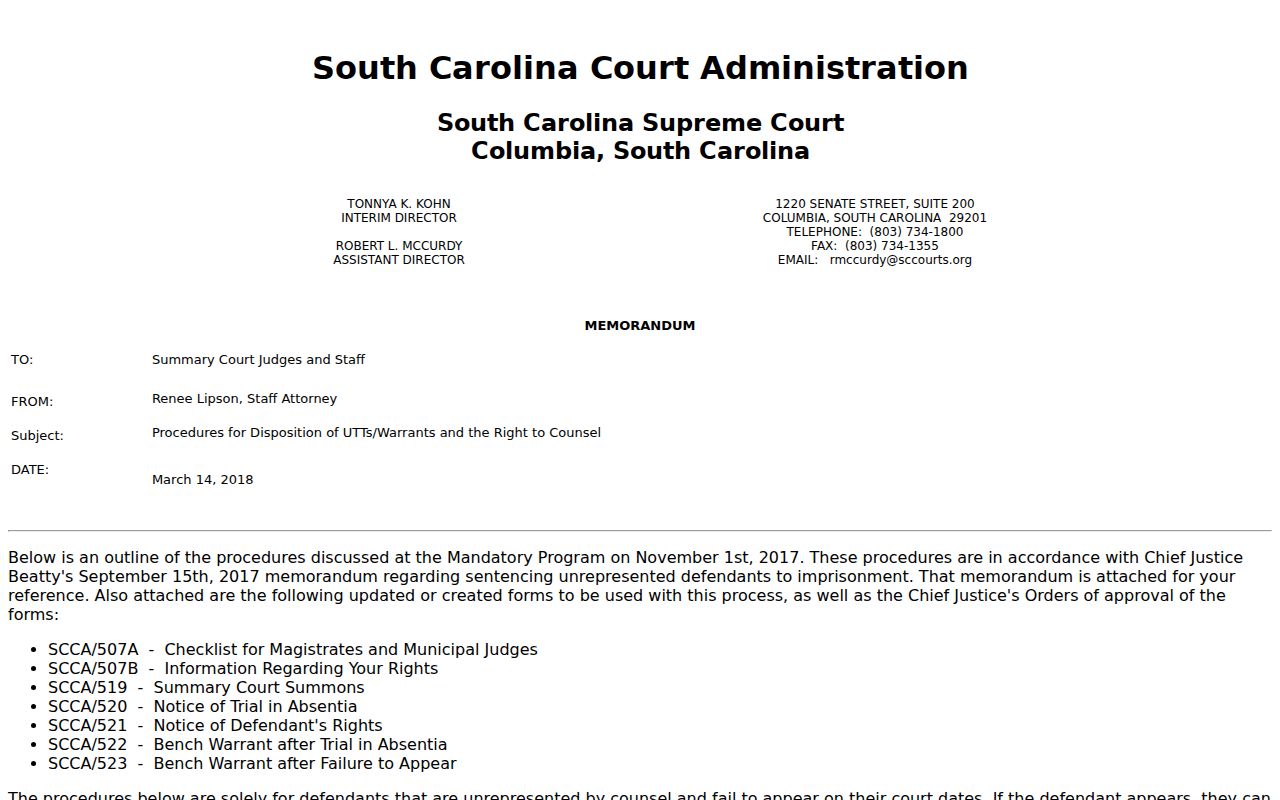 South Carolina SCCA523 bench warrant procedure reference for Chesterfield County
