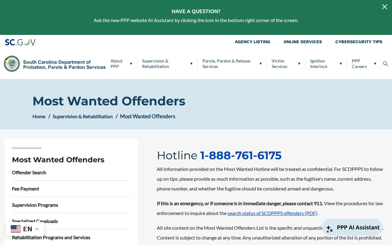 Official South Carolina supervision program reference linked from Chesterfield County most wanted information