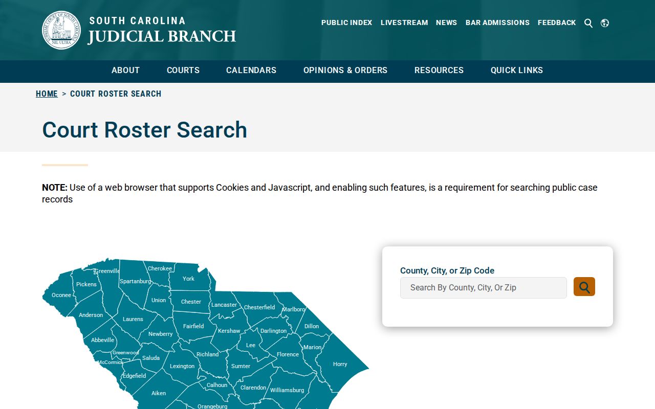 South Carolina court roster search controls used to route Chesterfield County warrant questions