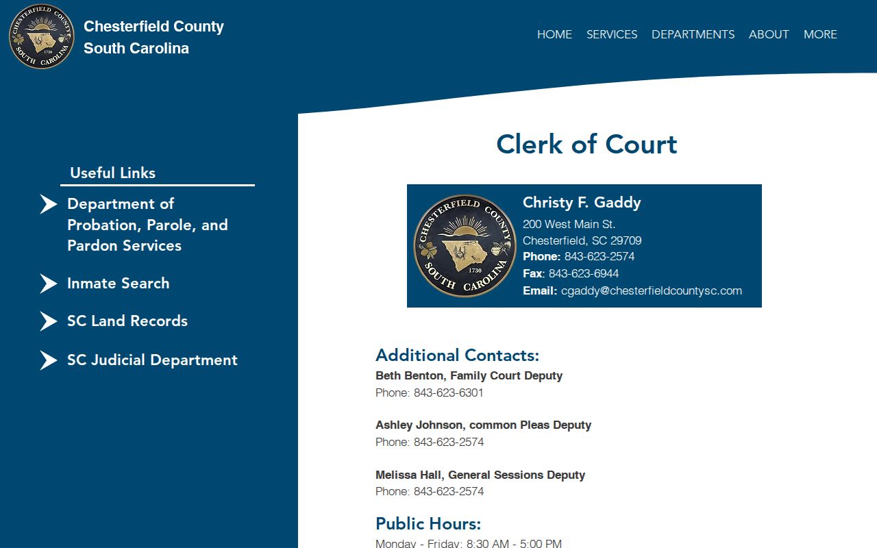 Chesterfield County warrant records reference to Clerk of Court contact and record-check limits